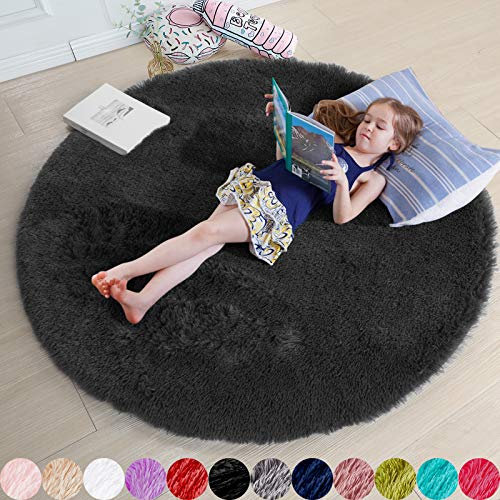Amdrebio Tapis Rond à Poils Longs pour Chambre - Circulaire Pelucheux pour Enfant, Dortoir - Noir, Décoration
