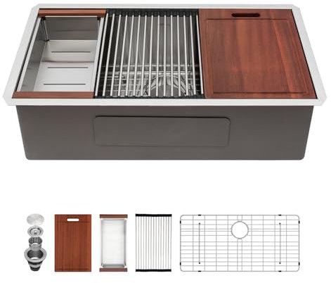 Sarlai Fregadero de cocina 33 con montaje inferior, de 83 x 48 cm, con repisa, estación de trabajo, cuenco individual profundo, calibre 16, acero inoxidable, bajo encimera, lavabo