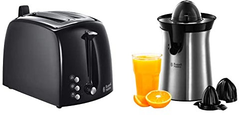 Russell Hobbs Presse Agrumes Electrique, 2 Sens Rotation, 2 Cônes Interchangeables, Jus de Fruit Frais Rapide - Inox 22760-56 & Toaster Grille-Pain Fentes Larges - Noir 22601-56 Texture