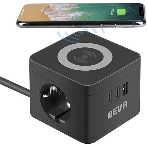 BEVA Steckdosenwürfel Cube mit Wireless Ladefunktion + 1.5M Kabel,2500W/10A Mehrfachsteckdose mit 2 USB C+1 USB-A, Ladewürfel mit Wireless Charger, Handy-Ladegerät für Reise Haushalt Büro, Schwarz