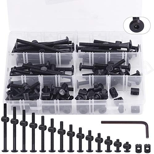 Keadic 141 pezzi M6 x 15-80 mm kit di ricambio per il letto del bambino, viti a bussola esagonale, colore nero, kit assortito per mobili, culle e lettini, 1 chiave esagonale e scatola di plastica