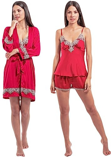 Laura Lily - 5 Piece Silk Satin Pajamas set for women. Solid and elegant colour. Robe, nightgown, top, long and short pants with Sexy Lace.1102 Burgundy red XL