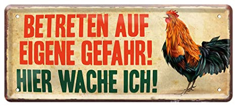 Hier wache ich Hahn Gockel Blechschild - Vintage Style Retro Deko Metallschild - Schild für Hühnerstall Hühnerhof - Dekoration Zubehör - lustiges Geschenk - Hinweisschild Warnschild - 28x12cm