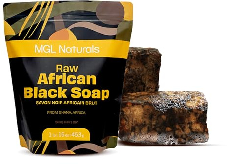 MGL Naturals Raw African Black Soap 1 lb from Ghana, Africa | Vegan & Organic | Face and body deep cleanse wash. (1 lb)