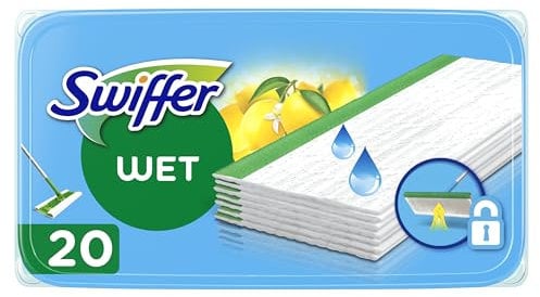 Swiffer Lavapavimenti Wet, 20 Panni Umidi, Limone, Pulizia Igienica Profonda, Rimuove Sporco e Batteri, per Tutti i Tipi di Pavimenti, Maxi Formato, Panni con 36% di Fibre Naturali