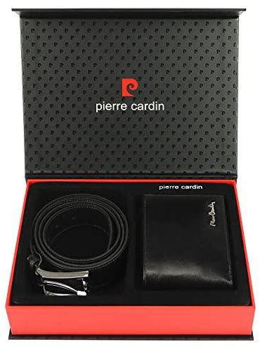 Pierre Cardin Gürtel und Geldbörse Herren Set - 100% Naturleder, Geschenk Box Für Mann, Elegante Box Set- 9 Kartenfächer, Silberne Detail, Schwarze Farbe, Riemenlänge 135 cm