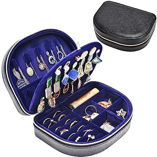 ProCase Reise Schmuckkästchen, Kleine Schmuckschatulle für Damen PU-Leder Aufbewahrungsbox Schmucketui Schmuckbox Schmuckaufbewahrung für Ringe Ohrringe Halsketten Geschenk- Glänzend Schwarz