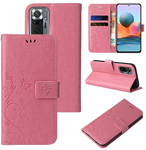 LBH Handy Hülle für Xiaomi Redmi Note 10 Pro Case Handytasche Schmetterling Blumen Flower Standfunktion Schutzhülle Magnet Rundum Schutz 360 Grad Flipcase Cover Rosegold