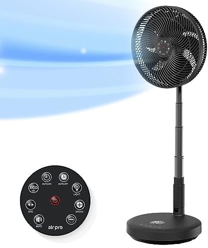 Air Pro 13.5'' Pedestal Fan With Remote Control - Oscillating & Portable Foldable Height Adjustable Cooling LED Display 12 Speed Turbo Quiet Circulation for Bedroom, Homes Office, Black
