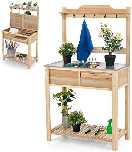 GiantexUK Garden Potting Table, Wood Potting Bench with Flip-up Galvanized Metal Top, Metal Sieve Screen, Storage Shelves, Hooks & Drain Holes, Outdoor DIY Flower Planting Workstation, 80x42x141cm