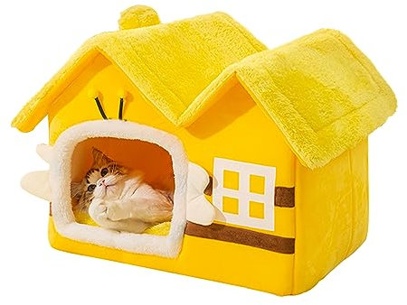 Galatée Katzenhöhlenbett, Warmes Und Gemütliches Plüsch-Katzen-Iglu, Waschbares Hundebett Mit Abnehmbarem Kissenkissen, Verbessert Den Schlaf, Faltbares Katzenhaus(L, Gelb)