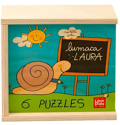 Dida - Holzpuzzle 3 große Teile für Kinder 1/2/3 Jahre oder älter - Schnecke Laura - 6 Puzzles mit 3 großen Fliesen - Montessori Lernspiele für Kinder. Entworfen von Nicoletta Costa.