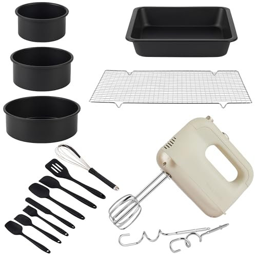 Salter COMBO-8908 Bakes Hand Mixer & Baking Set – 14 Piece With Non-Stick Cake Tins, Cooling Rack, Silicone Utensils, Electric Handheld Whisk, 5 Speed Settings, Eject Button, Kitchen Food Mixer, 250 W