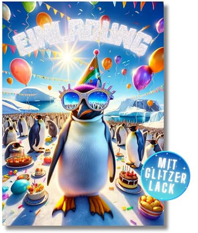 HIDEBLOOM Pinguin Glitzer Einladungskarten Kindergeburtstag Mädchen und Junge I 12 Stück I DIN A6 I Geburtstags-Einladung mit Glitzerlack I Einladung Kinderparty I Glitzer Einladungskarten Pinguin