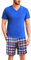 Bresdk Schlafanzug Herren Pyjama Kurz Sommer Schlaf Shorts Herren Kariert mit Taschen Blau Rot XL