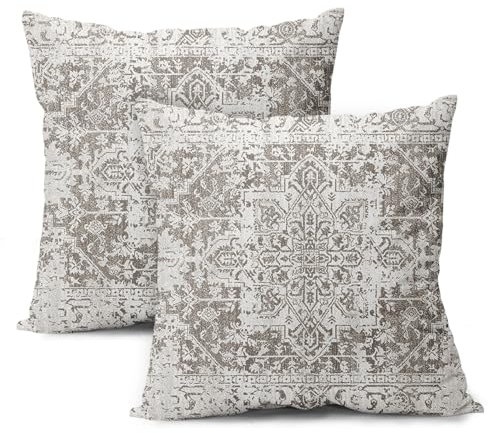 Kissenbezüge, Bohemian-Teppichmuster, Vintage-Kissenbezüge, 40,6 x 40,6 cm, 2 Stück, graues Blumenmuster, Bauernhaus, Heimdekoration, für Sofa, Couch, Veranda, Outdoor
