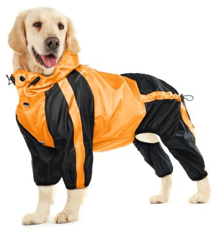 OUOBOB Dog Raincoat, Waterproof Rain Coats for Large Dogs, Lightweight Rain Jacket, Adjustable 4 Legs Pet Poncho with Hood, Snow-Proof Dog Vest Rainwear Clothes Apparel with Leash Hole