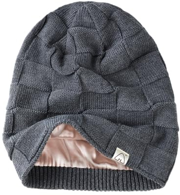 Hat Hut Demen Beanie Satin Gefütterte Wintermütze Strickmütze für Haar, Warme Satin Lined Beanie Mütze Slouchy Beanie Ski Hat Unisex