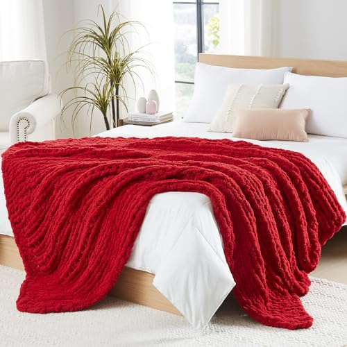 L'AGRATY Grobstrick-Decke: 203 x 228 cm, Chenille, grob gestrickt, Überwurfdecke für Bett, Couch, handgefertigt, dick, große Zopfstrickdecke, große grobe Häkelseil-Decke für Heimdekoration (rot)