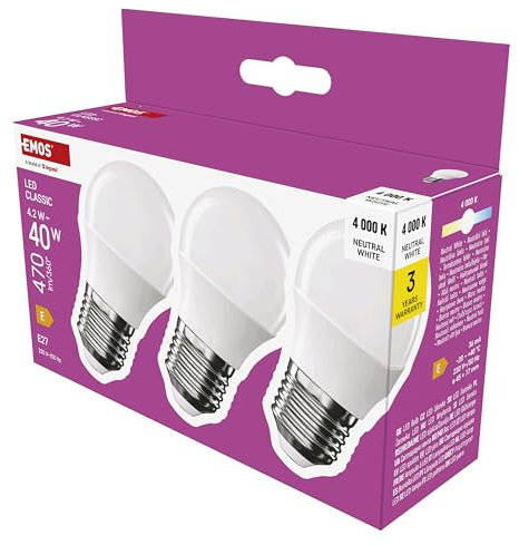 EMOS LED Lampe Mini Globe 3er Pack, 4,2W Ersatz für 40W Glühbirne, kleine Birne mit E27 Sockel, Helligkeit 470 lm, Neutralweiß 4000 K, 30000 h Lebensdauer, CRI min. 80, 150° Abstrahlwinkel