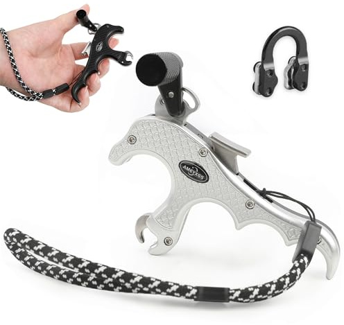 surwolf Bogenschießen Release Aids Compoundbogen Auslösehilfen Aluminium mit D-Loop-Lope Daumenauslösehilfe 4-Finger für Compoundbogen-Zubehör RH&LH einstellbar
