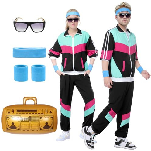 Harsever 80er Jahre Outfit Herren Damen, 80er Retro Jogginganzug, Trainingsanzug Jacke Hose Anzug mit Stirnband Armschienen Brille aufblasbares Radio für Karneval (Schwarz, XXL)
