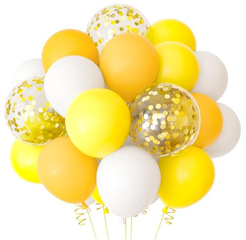 NEBURORA 60 Stück Gelbes Luftballon Set 12 Zoll Gelbe,Weiß und goldene Konfetti Luftballons mit Bändern für die Sonnenblumen Danksagung Honigbienen Mottoparty