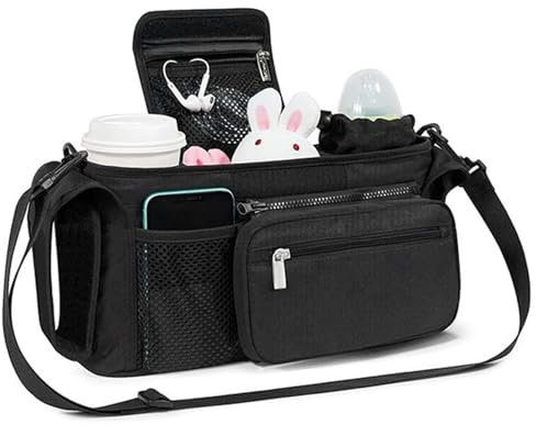 Kinderwagen Caddy mit isolierten Tassenhaltern 13x4x6 im Kinderwagen Organizer Oxford Tuch mit abnehmbarem Schultergurt & Griff Reißverschluss Allzweckwagen (schwarz)