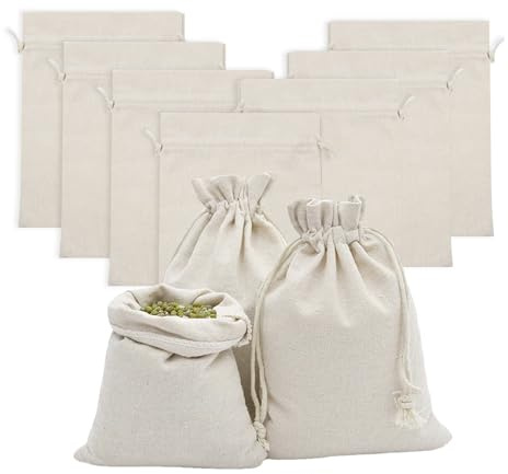 Baumwollsäckchen, 10 Stück Baumwollbeutel mit Kordelzug, 20 x 15 cm Stoffsäckchen, Leinensäckchen Stoffbeutel Klein Geschenksäckchen für Schmuck Hochzeit Weihnachten Party(Beige)