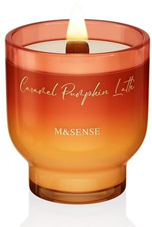 M&SENSE Duftkerze Karamell-Kürbis-Latte|Knisterkerze mit Holzdocht|280g 60 Stunden Lang Brennende Sojawachs Duftkerzen im Glas|Luxus Kerze Geschenk für Männer und Frauen
