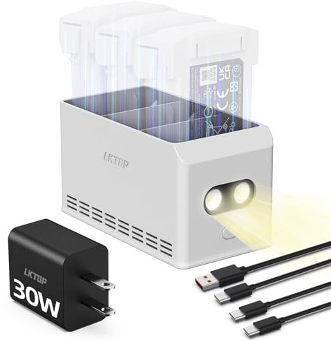 LKTOP Mini 4 Pro/3 Pro/3 Charing Hub Kit, Ersatz DJI Mini 4/3 Series Schnellladegerät, 30W USB-C Ladegerät für DJI Drohne Zubehör, Speicherung LED-Leuchten Alarmmodus (Laden 1 Batterie:58min)