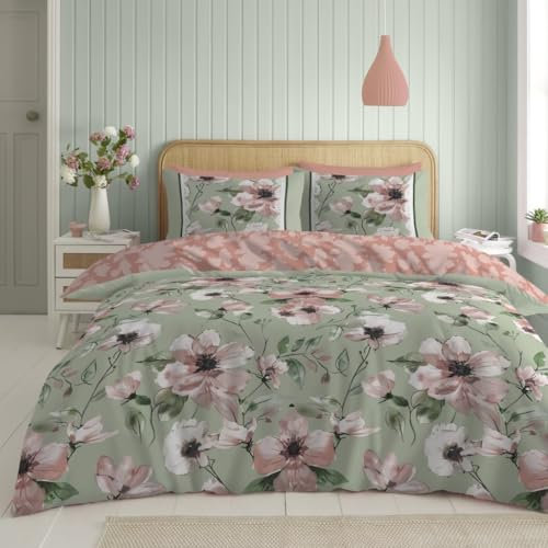 Lions King Size Duvet Cover with Fitted Sheet and Pillowcase - 4 Piece Complete Bedding Sets Reversible Floral Rose Printed Poly Cotton Quilt Covers Bed, Green Pink