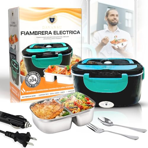 DAVANSU® SUPER PACK Fiambrera Electrica 80W 4 en 1 + 7 ACCESORIOS | 12V/24V/220V~240V Calentador de Comida Portatil con Termo para Coche Camión, Trabajo 1.5L |Acero Inoxidable 304|Fiambrera termica