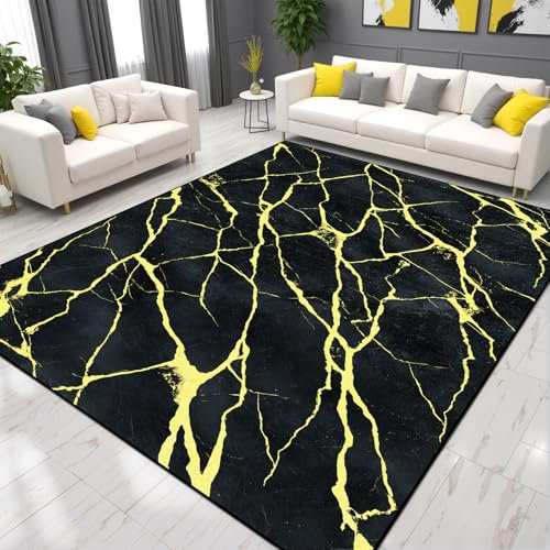 Alishomtll Teppich Wohnzimmer Schlafzimmer Waschbar Kaschmirimitat Anti-Rutsch TPR Unterseite Langlebig Robuster Polyester Teppich Rechteckig Pflegeleicht, Marmor Schwarz Grau 160x230cm