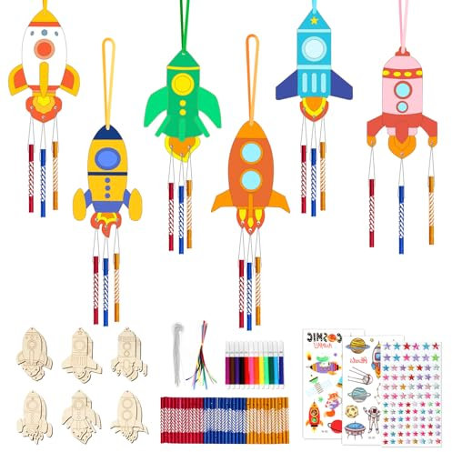 Windspiel Bastelset Kinder,12 STK Raketen Windspiel Basteln,DIY Kindergeburtstag Basteln Holz zum Bemalen,Windspiel Bastelset,Weltraum Bastelset Kindergeburtstag für Jungen Mädchen Outdoor Party Deko