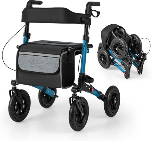 COSTWAY Rollator mit Luftbereifung, faltbar und leicht mit Sitz, Aluminium, bis 140 kg, 2 in 1 Rollstuhl & Reiserollator, Gehhilfe 7-fach höhenverstellbar, Gehwagen mit Tasche & Stockhalter (Blau)