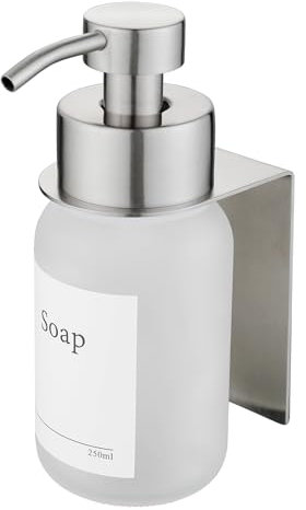 Glass Soap Dispenser, Wall mounted Soap Dispenser for Kitchen and Bathroom, Stainless Steel Pump Dispenser for Liquid Soap, No Drilling Required | 250 ml (Frost/Silver)