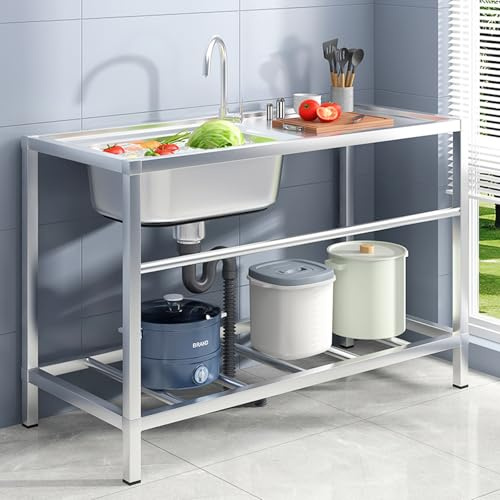 Outdoor Spüle, Ausgussbecken Edelstahl mit Warm-/Kaltwasserhahn, Wasserleitungssatz, Ablage und Ablageflächen, für Küche, Bad, Garage, Waschküche(80x50x80cm/31.5x19.5x31.5)