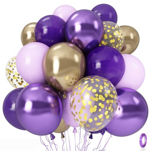 Purple and Gold Balloons, 12 Inch 35PCS Dark Pastel Purple Lavender Balloons with Metallic Gold Confetti Balloon for Girls Women Wedding Baby Shower Butterfly Princess Theme Birthday Party Decorations