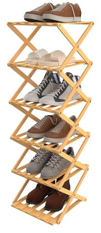 homewell Schuhregal aus Bambus mit 6 Ebenen, vertikales Schuhablage, Faltbares Montagefreies, Schuhregal schmal, aus Vliesstoff, für Flur, Schlafzimmer (Naturholz)