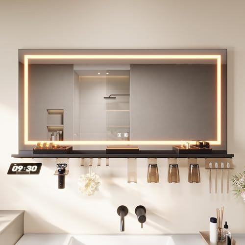SONNI LED Badspiegel 120x60cm mit Ablage, Wandspiegel inkl. Handyhalter | Ideal für Familienbäder & 2 Personen. Extra lange Ablage. Anti-Beschlag, 3 Lichtfarben, stufenlos dimmbar, Standby-Memory