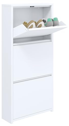 TAUS Schuhschrank Schmal, Schuhschrank Hoch,Schuhregal Metall Schuhkipper mit Magnet Klappen Schuhablage Montiert und Wandmontage (Weiß, 3 Klappen)