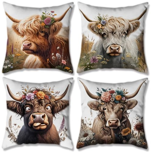 YskerrigToy Highland Cow Kissenbezüge, Leinen Weihnachtskissen Set, Weich Zierkissenbezüge Tierdruck für Sofa, Couch, Schlafzimmer, Deko Wohnzimmer, Winterdeko 4PCS