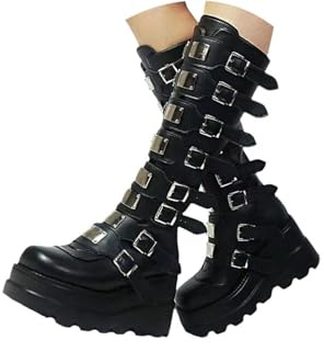 Glamidea Stivali Al Ginocchio da Donna Monocromatici con Plateau Cerniera e Fibbia Stile Gotico Punk Invernali con Tacco a Zeppa da Cavaliere Moderno Antiscivolo Stivali per Moto