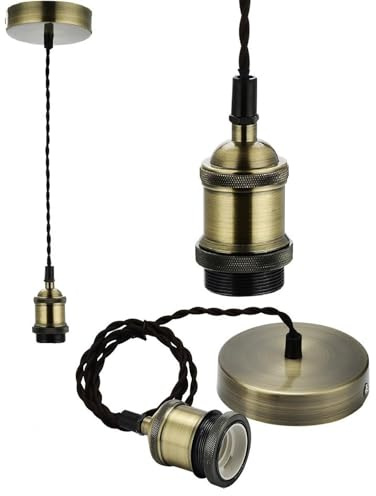 Vintage Retro Ceiling Pendant Light Fitting, 1M Bronze Twisted Braided Flex, E27 Lamp Holder Suspended Pendant Light Fitting Kit