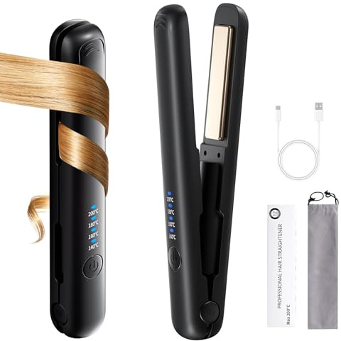 HIULLEN Mini Glätteisen Kabellos, Haarglätter Glätteisen, 2 in 1 Wiederaufladbares Kabelloses Glätteisens mit 4 Temperaturen, Glätteisens Locken und Glätten, Reiseglätter, Keramik Haarglätter