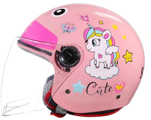 Motorbike Children's Helmet Kids Cute Four Seasons 3/4 Jet Lightweight Half Helmet with Sun Visor Moped Helmet for 5-14 Years Old Boys and Girls D,49-55CM