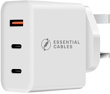 Essential Cables 65W GaN Fast Charger, 3-Port USB C Wall Adapter with PD/QC/PPS Technology, White, Compatible with MacBook Pro/Air, iPhone, iPad, Samsung Galaxy