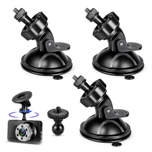 PaYuanRaoTi 3PCS Black Dash Cam Mount Bracket for Cameras, Suction Cup Mounts with Strong Suction Power, 360° Rotating Ball Joint, Easy to Install and Remove with Dual Screw Sizes