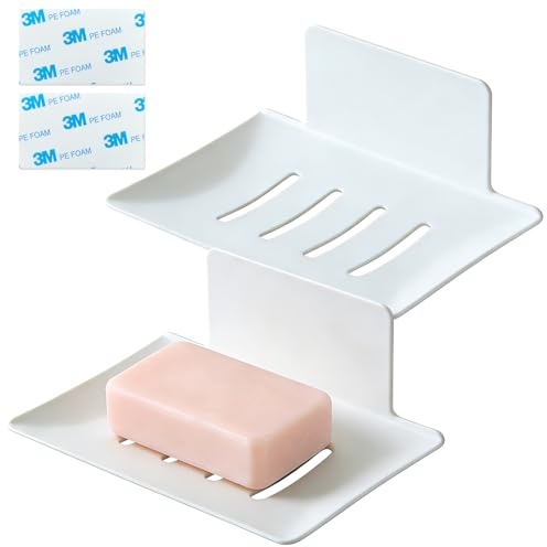 MINGBOLIN Lot de 2 Porte-Savons Douche sans Perçage, Adhésifs Blancs | Acier au carbone peint, drainage rapide, adhésif puissant, 12,4 × 8,2 cm, pour douche, lavabo et cuisine